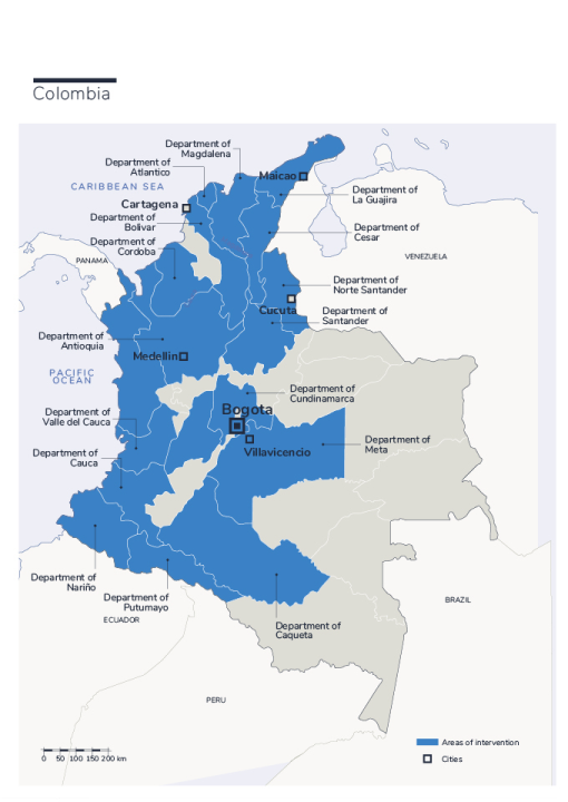 Map of HI's interventions in Colombia